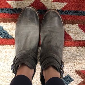 Gray leather ankle boots with buckles